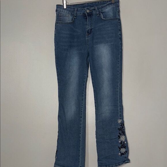 Blue Flare & Wide Leg Jeans with Floral Details - Picture 1 of 14